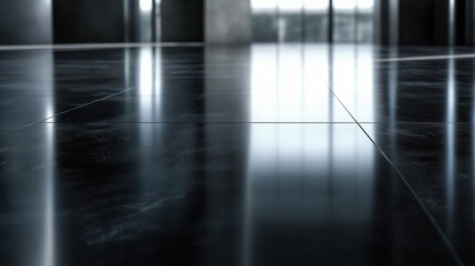 Black and white photograph of a tiled floor in an empty room. the floor is made up of square tiles arranged in a grid-like pattern, with each tile slightly overlapping the one below it.