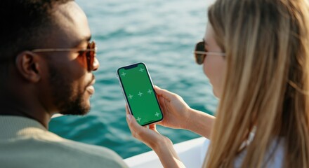 young couple using mobile phone with green screen