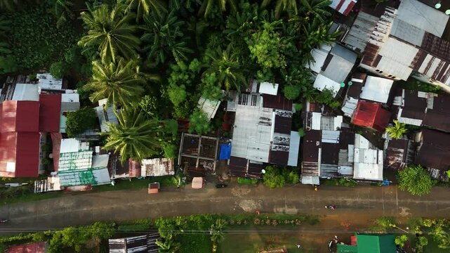 Village Rooftops and Road, Philippines: Aerial View of Rural Life and Homes