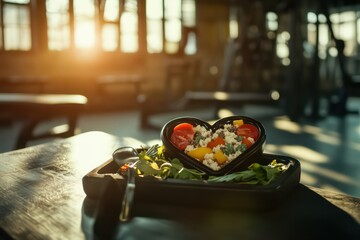 A sleek and inspiring sports nutrition visual with a well-balanced keto meal in a heart shape, resting on a gym bench