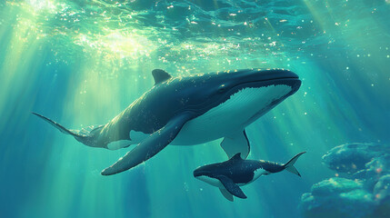 A big whale with her baby on ocean, with sunlight filtering through the water 