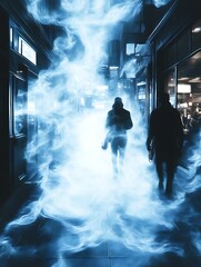 Obraz premium Mysterious Figures Walking Through Blue Foggy City Alley
