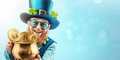 A man in a leprechaun costume holds a pot filled with shiny Bitcoin coins while smiling directly at the camera. The backdrop features a soft blue color