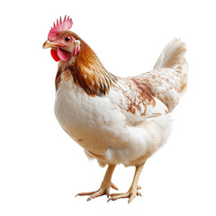 Fototapeta premium Brown and white hen with red comb in profile view against neutral background