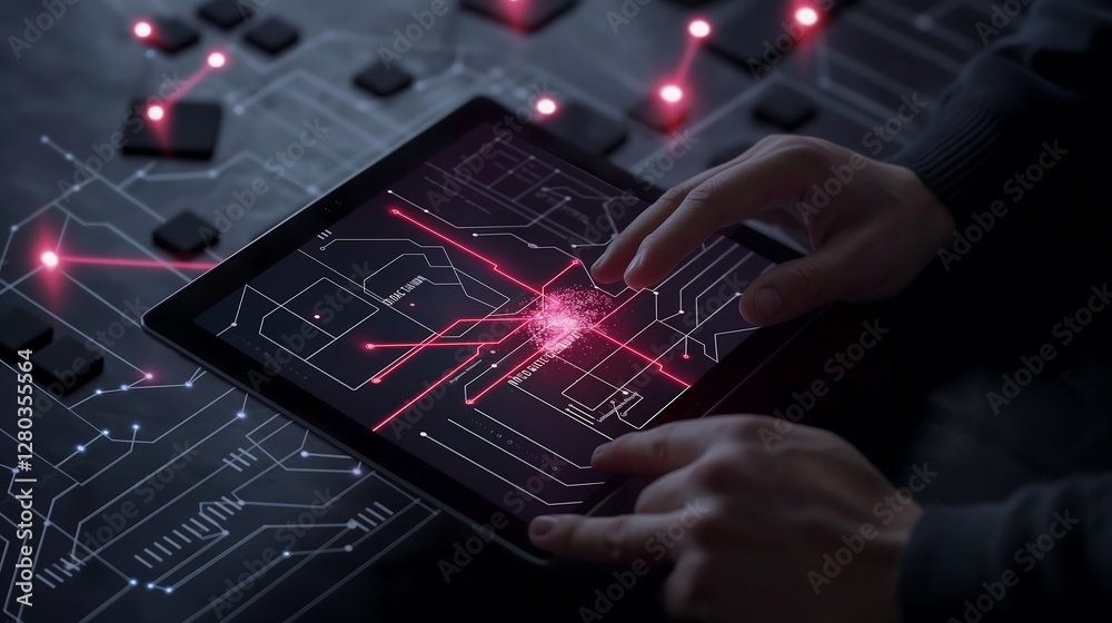 Poster a businessman using a smart tablet to control an automated workflow system, featuring glowing data p