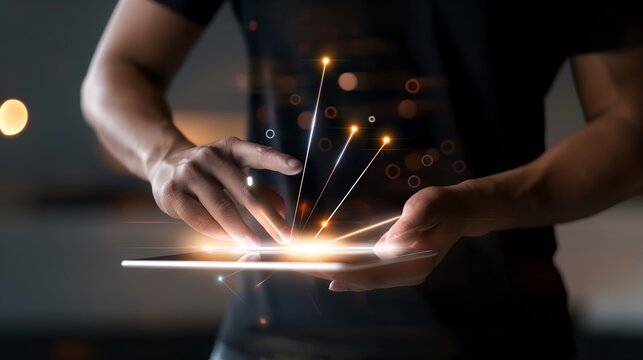 A businessman using a smart tablet to control an automated workflow system, featuring glowing data pathways, process automation icons, and AI-powered analytics for enhanced business productivity.