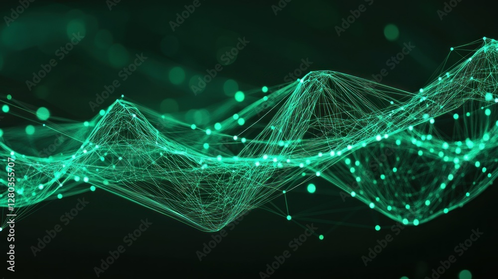 Fototapete Abstract representation of flowing data waves with glowing green lines and dots on a dark background