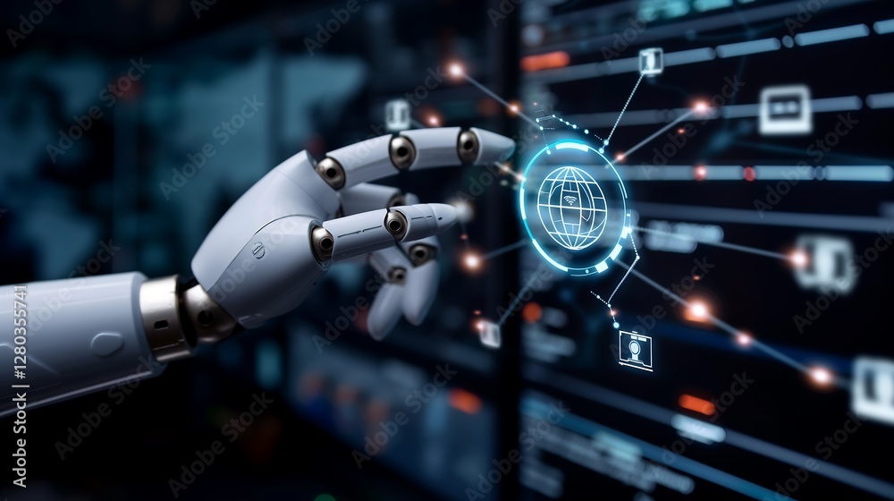 Poster a conceptual visualization of robotic process automation with interconnected digital workflows, ai-p