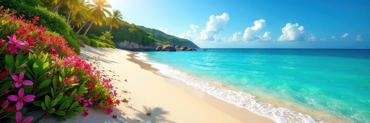 Sun-kissed sand meets crystal-clear sea, vibrant vegetation thrives nearby, paradise, vibrant