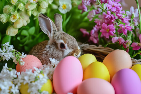 A fluffy Easter bunny sits among pastel eggs and blooming spring flowers in a festive scene