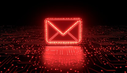 Glowing red email icon on circuit board background