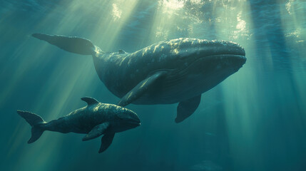 Naklejka premium A big whale with her baby on ocean, with sunlight filtering through the water 