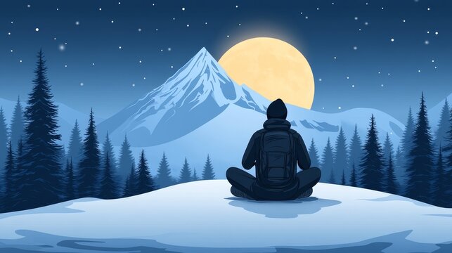 Pixelated meditation retreat backdrop with mountain scenery under moonlit sky a blend of spirituality and natural landscapes visual journey