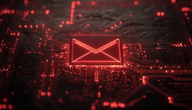 Red Email Icon on Circuit Board, Digital Communication