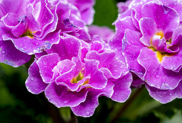 Violet Primula Flowers with Water Droplets