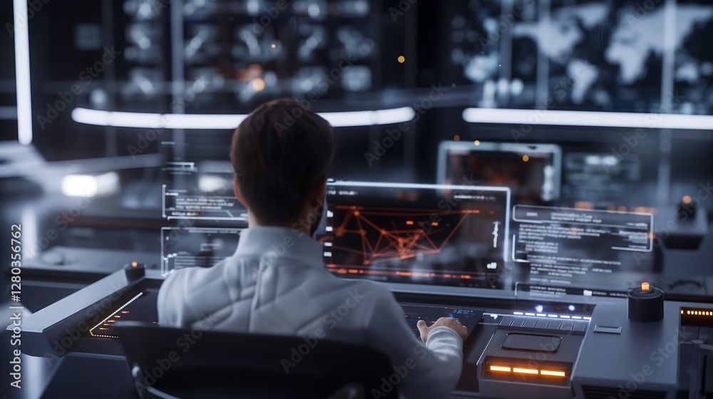 Poster a futuristic control center with a businessman monitoring real-time rpa processes on augmented reali