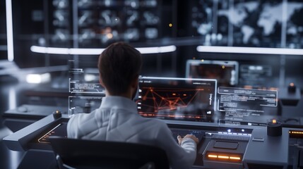 A futuristic control center with a businessman monitoring real-time RPA processes on augmented reality dashboards. Glowing data streams and interconnected system icons represent digital transformation