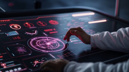 A futuristic control center with a businessman monitoring real-time RPA processes on augmented reality dashboards. Glowing data streams and interconnected system icons represent digital transformation