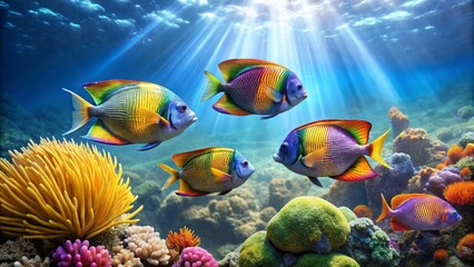 Vibrant Rainbow Fish in a Sunlit Coral Reef Scene with Lush Ocean Flora