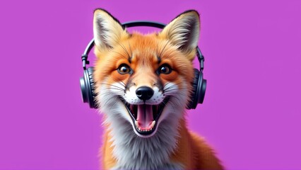 Obraz premium Playful Red Fox with Black Headphones Against Purple Background