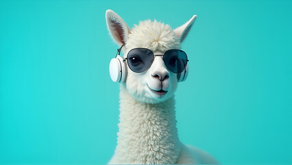 Obraz premium Serene Alpaca with White Headphones and Sunglasses Against Teal Background