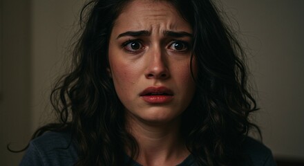 Close-Up Portrait Of A Young Woman With Fearful Expression And Anxious Eyes.