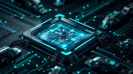 Fototapeta premium A glowing digital network with robotic arms automating business tasks, symbolizing RPA technology streamlining data processing and decision-making through artificial intelligence.