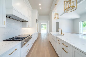 A sleek and stylish all-white kitchen with minimalist cabinetry, a marble backsplash, gold hardware, and warm natural lighting