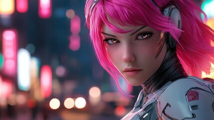 Futuristic female character with pink hair in a neon-lit urban environment at night