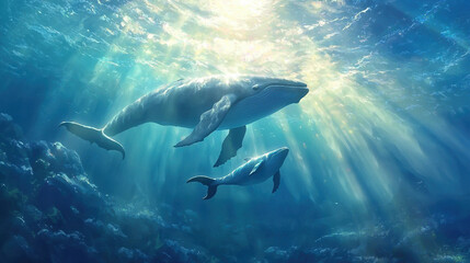 Obraz premium A big whale with her baby on ocean, with sunlight filtering through the water