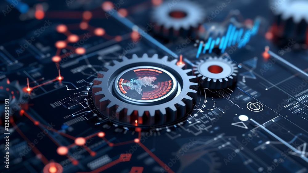 Poster an abstract representation of rpa-driven automation in a digital business world, featuring rotating 