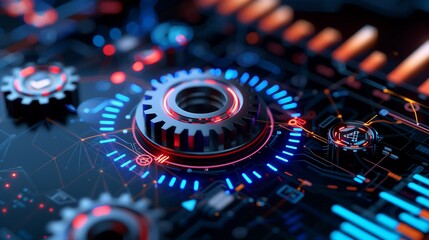 An abstract representation of RPA-driven automation in a digital business world, featuring rotating gears, interconnected data pipelines,