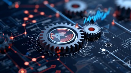 An abstract representation of RPA-driven automation in a digital business world, featuring rotating gears, interconnected data pipelines,