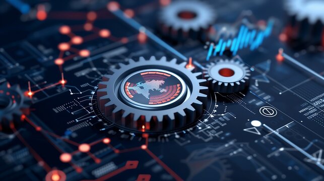 An abstract representation of RPA-driven automation in a digital business world, featuring rotating gears, interconnected data pipelines, - Powered by Adobe