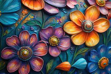 Vibrant flowers on blue.