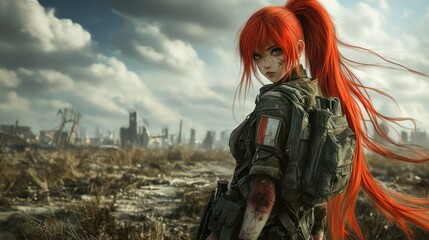 Obraz premium A fierce warrior with vibrant red hair stands in a desolate landscape, surveying the ruins of a city