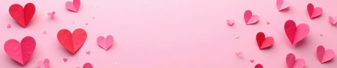 Delicate pink and red paper hearts scattered on a soft pink background , texture, heart pattern, cutout