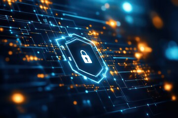 A sleek digital security system, showing a VPN shield protecting online privacy, encrypted communications, and secure data exchanges.