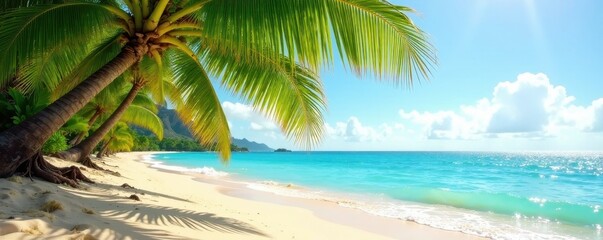 Palm fronds sway gently in Hawaiian breeze above golden sand , light, sunrise, palm