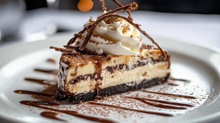 Delicious chocolate tiramisu cheesecake slice with whipped cream and chocolate drizzle