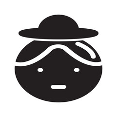 Solid icon of a surprised cowboy head emoticon, wearing a cowboy hat, great for reaction emojis and chat applications.