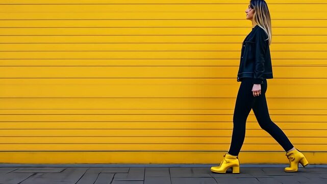 Woman walking by yellow wall