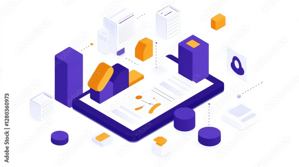 Poster abstract illustration of digital document management with geometric shapes and data visualization el