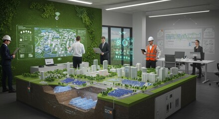 Sustainable Urban Planning: Engineers Examining a Scaled Model with Augmented Data