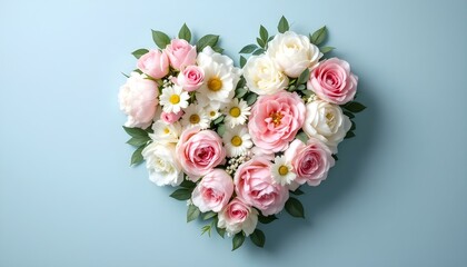 Floral heart arrangement, pastel pink and white roses, peonies, delicate greenery, romantic composition, light blue background