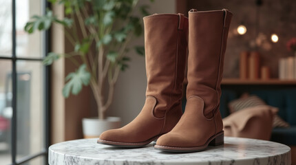 Suede women's boots on the stand of a fashion boutique in mocha mousse color, trend color 2025