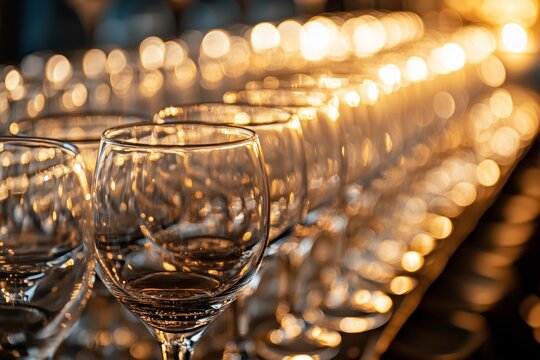 A lineup of wine glasses ready for pouring at a buffet table during a wine tasting event 