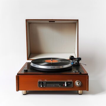"Vintage Turntable with Wooden Base and Vinyl Record &ndash; Classic Design with Control Panel and Nostalgic Appeal"