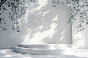 Elegant white marble podium in a minimalist setting with palm shadows and soft natural lighting, suitable for subtle displays