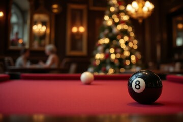 A Pool Table With Christmas Tree And Blurred Background